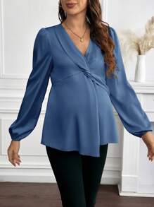 SHEIN Pregnant Women V-Neck Solid Twist Design Elegant Long Sleeve Blouse - Blue - View 5