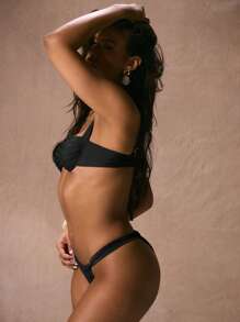 Musera Resort Ruched High Leg Bikini Bottom Elegant Vacation Spring Summer Beach Sexy Swim Elegant Black Solid Colour - Black - View 2