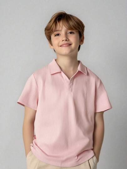 SHEIN Leap Crew Tween 男童休闲韩版简约纹理 Polo 领短袖上衣，适合通勤、上学、日常休闲装、运动、春夏
