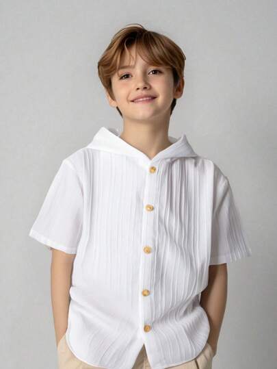 SHEIN Tween 男童休闲韩版纹理面料连帽短袖衬衫，适合通勤、上学、日常休闲、运动装、春夏季