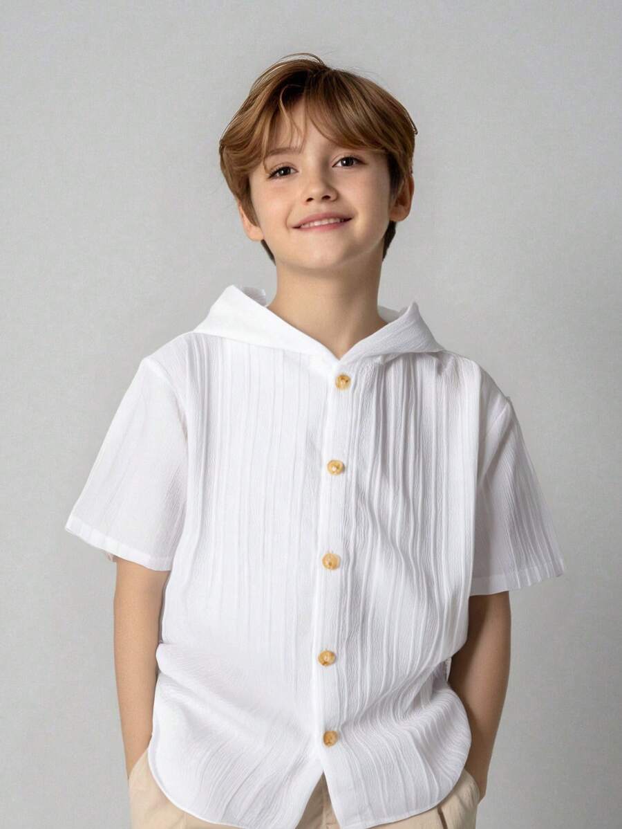 SHEIN Tween 男童休闲韩版纹理面料连帽短袖衬衫，适合通勤、上学、日常休闲、运动装、春夏季 - 白色 - 查看 1