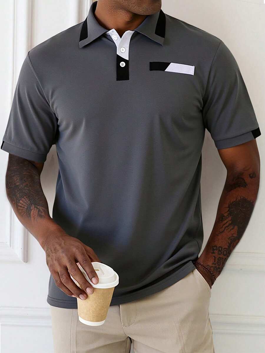Manfinity Homme Plus Size Men's Casual Commuting Contrast Color Short Sleeve Polo Shirt, For Golf - Light Grey - View 1
