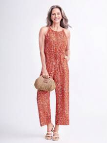 EMERY ROSE 女士花卉印花腰带口袋无袖连体裤，适合度假 - 彩色 - 查看 1