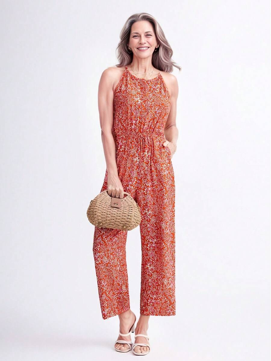 EMERY ROSE 女士花卉印花腰带口袋无袖连体裤，适合度假 - 彩色 - 查看 1