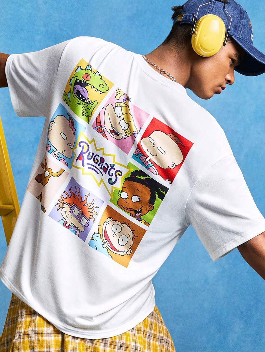 Nick 90s | SHEIN 男士休闲宽松针织卡通人物印花白色短袖T恤