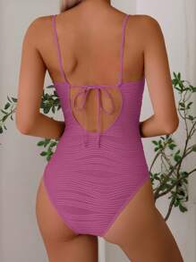 Traje de baño de una pieza con espalda descubierta y textura de tela de concha para mujer, para vacaciones y tiempo libre de verano - Rosa Fucsia - Ver 2