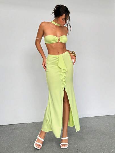 Aloruh Women's Elegant Sexy Resin Metal Button Crop Top And High Waist Skirt 2 Pieces Set, Suitable For Vacation Two Pieces Set Women Vacation Outfits Women