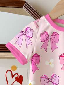 SHEIN 甜美粉色蝴蝶结花卉印花年轻女孩休闲简约圆领短袖T恤，适合夏季 - 彩色 - 查看 4