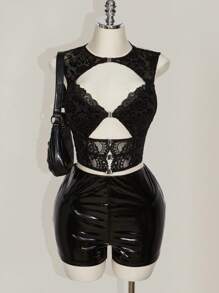 SHEIN ICON Plus Size Black Jacquard & Buckle Detail Cut Out Front Crop Mesh Top - Black - View 4