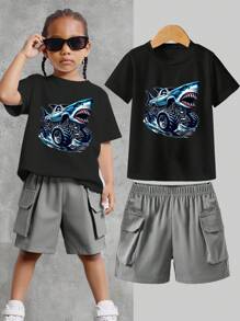 Young Boy Simple Fashion Summer Cargo Shorts And Short Sleeve Outfit Set - White - View 1