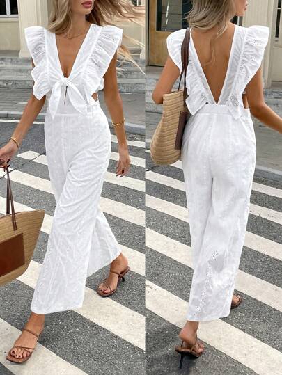 Serisse Women's Vacation Elegant Tie Cap Sleeve Waisted Back Deep V Solid Color Fabric Embroidery Straight Wide Leg Jumpsuit Summer Vacation Outfits Women Vacation Outfits Woman Spring Outfits For Women Summer Outfits For Women Wedding Guest Dress Women Rompers For Women Summer European Summer White