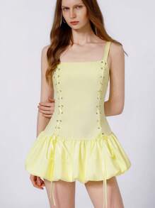 SHEIN Unity Punk-Romantic Collegiate Style Dark Blue Striped Tie Strap Bow Decorated Camisole Dress With Pleated Hem For Women - Yellow - View 3