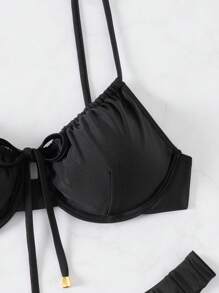 Swim Basics Ladies 2pcs Set High-Waisted Bandeau Bikini Set With Metal Buckle Strap And Bow Accent, Adjustable Waist Elastic Band, Elegant & Fashionable For Beach Parties - Multicolor - View 5