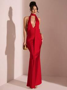 SHEIN BAE Váy dài bằng vải satin hở lưng cổ sâu màu trơn cho nữ, váy phù dâu, váy satin, váy gợi cảm, xuân/hè - Đỏ - Xem 2