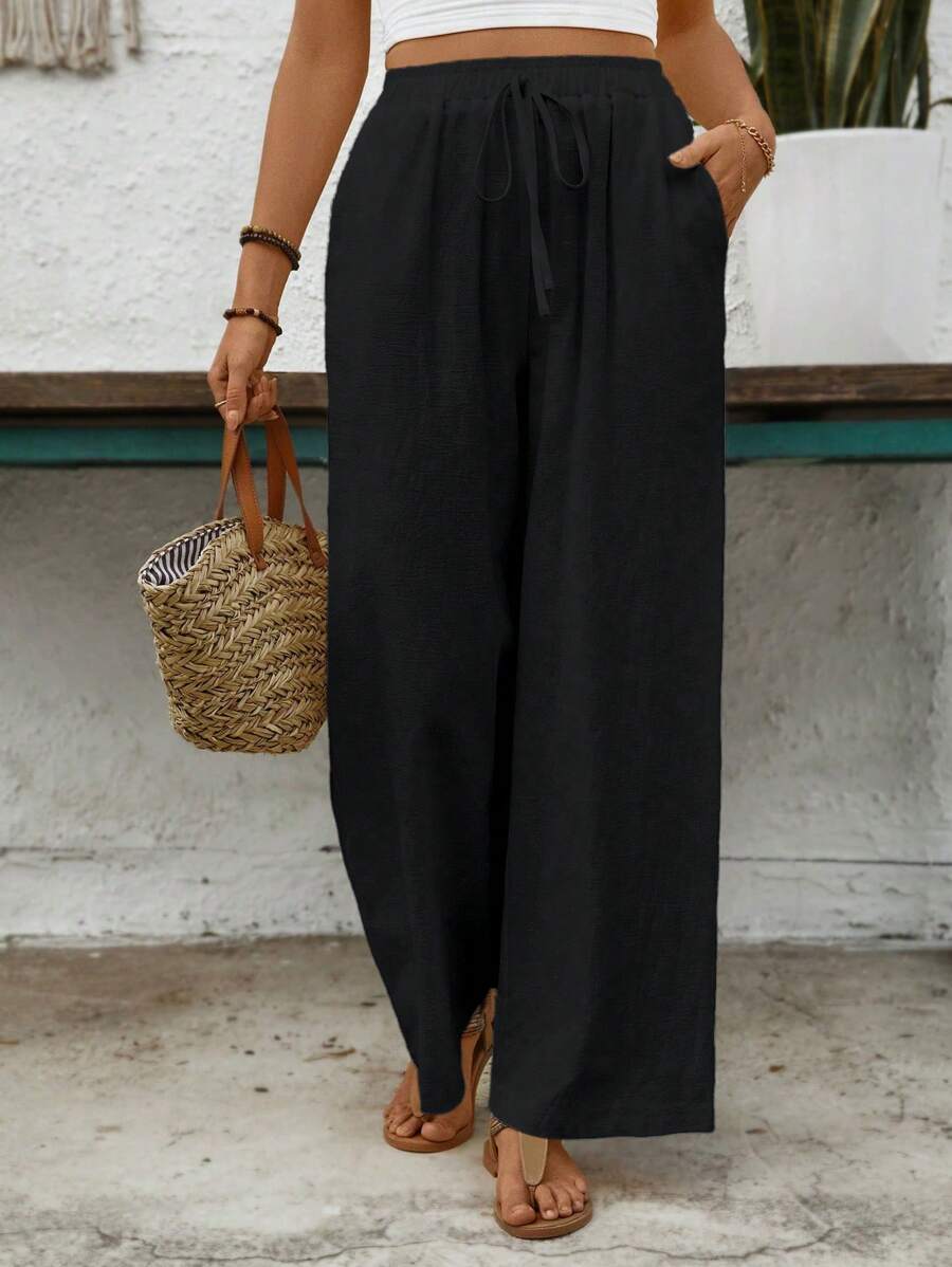 EMERY ROSE Vacation Casual Solid Color Loose Straight Leg Pants Fall Cloth For Women - Black - View 1