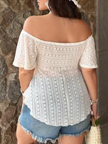 SHEIN VCAY 加大码优雅纯色蕾丝甜心领 T 恤，夏季度假装可爱夏季上衣女士夏季春季复活节女士节日狂欢优雅度假女士休闲波西米亚毕业早午餐女士婚礼宾客女士波西米亚音乐会女士乡村音乐会海滩度假 - 白色 - 查看 2