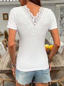 SHEIN LUNE Casual Women Ruffle Ribbed Short Sleeve T-Shirt, Minimalist And Fashionable For Summer - White - View 2