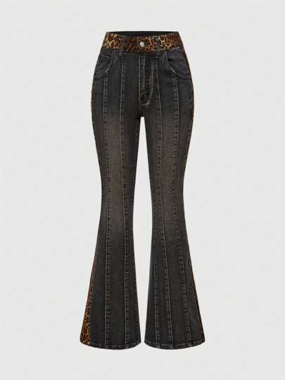 ROMWE Grunge Punk Concert 女款 Y2K 复古时尚拼接豹纹低腰喇叭裤