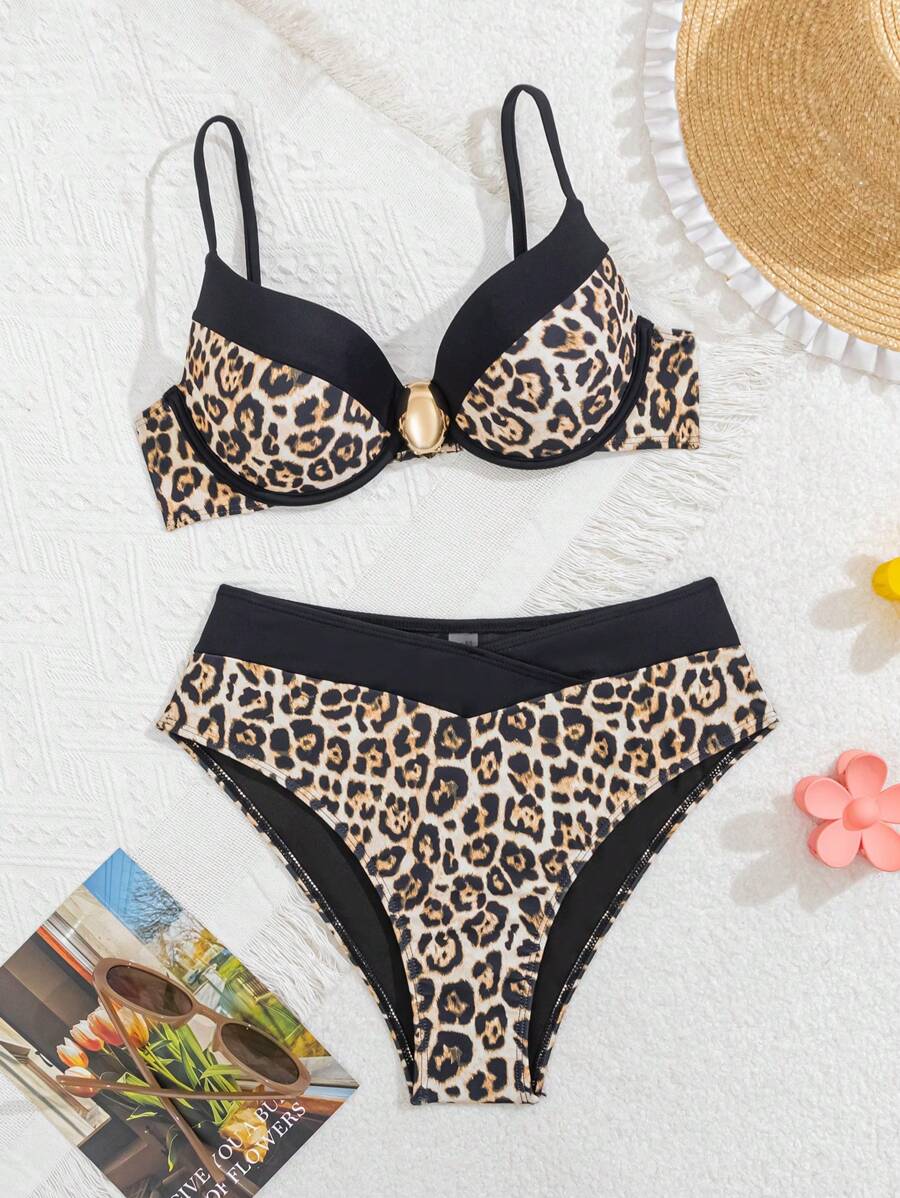 SHEIN Beach Summer Woman Outfits Two Pieces Set, Cheetah Print Color Block Push Up Underwire High Waist Bikini Set, Swimwear Swim Suit For Holiday Vacation - Multicolor - View 1