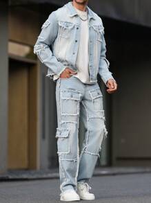 Manfinity LEGND Men's Long Sleeve Frayed Edge Single Breasted Denim Jacket And Cargo Denim Pants Set - Light Wash - View 1