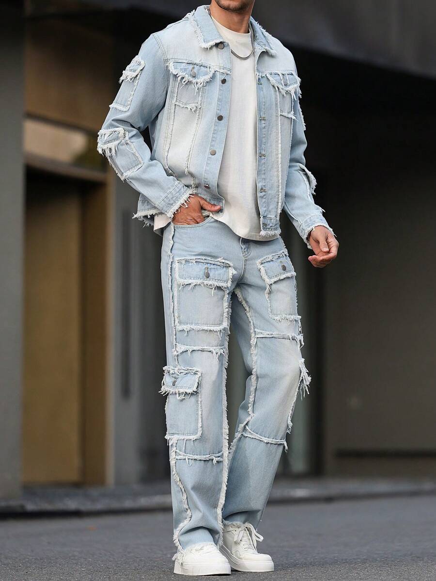 Manfinity LEGND Men's Long Sleeve Frayed Edge Single Breasted Denim Jacket And Cargo Denim Pants Set - Light Wash - View 1