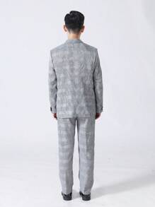 SHEIN 4pcs/Set Tween Boys Suit Set - Gray Plaid Blazer + Double-Breasted Vest + Matching Pants + Bowtie, For Wedding Parties, Everyday Wear, Banquet