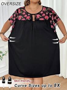 SHEIN CURVE+ 大码女式夏季印花 V 领褶皱短袖宽松妈妈娃娃衬衫、连衣裙波西米亚风度假 - 黑色 - 查看 1