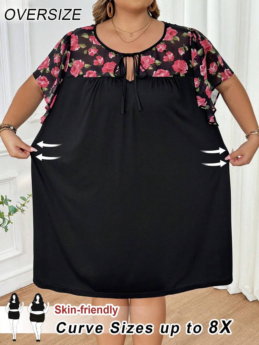 SHEIN CURVE+ 大码女式夏季印花 V 领褶皱短袖宽松妈妈娃娃衬衫、连衣裙波西米亚风度假 - 黑色 - 查看 1