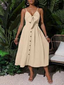 SHEIN Clasi 女士纯色节日细肩带连衣裙长款女装 - 杏色 - 查看 7