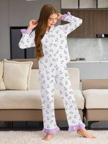 SHEIN Tween Girlr 郁金香印花长袖上衣和裤子两件套睡衣套装，浅紫色 - 淺灰紫 - 查看 4