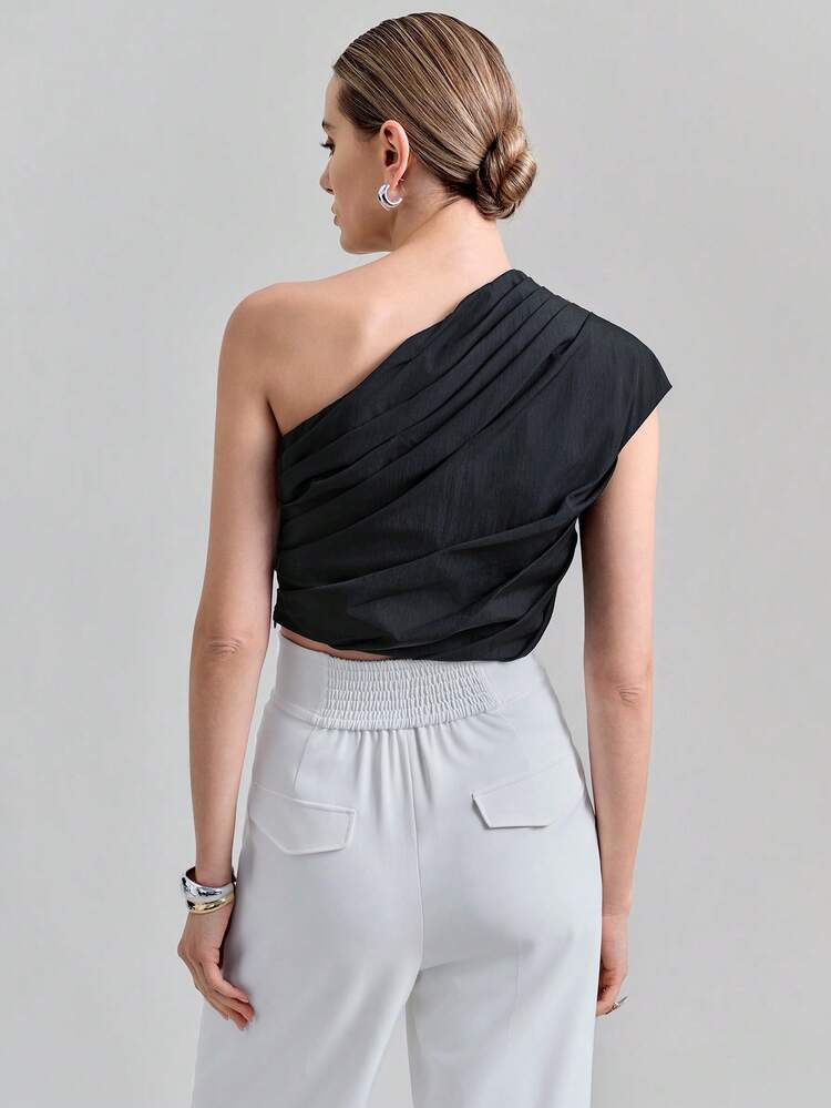 Women Elegant Solid Color One Shoulder Ruched Crop Top