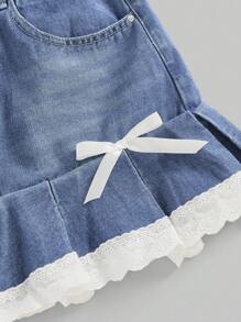 ROMWE Kawaii Kawaii Style Girls Casual Patchwork Lace Bowknot Decor Denim Pleated Skirt