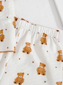 Dozemod Tween Girl Tween Girl 2pcs Cute Bear Pattern Lapel Button Short Sleeve Shorts Loose Casual Woven Pajama Set - White - View 5