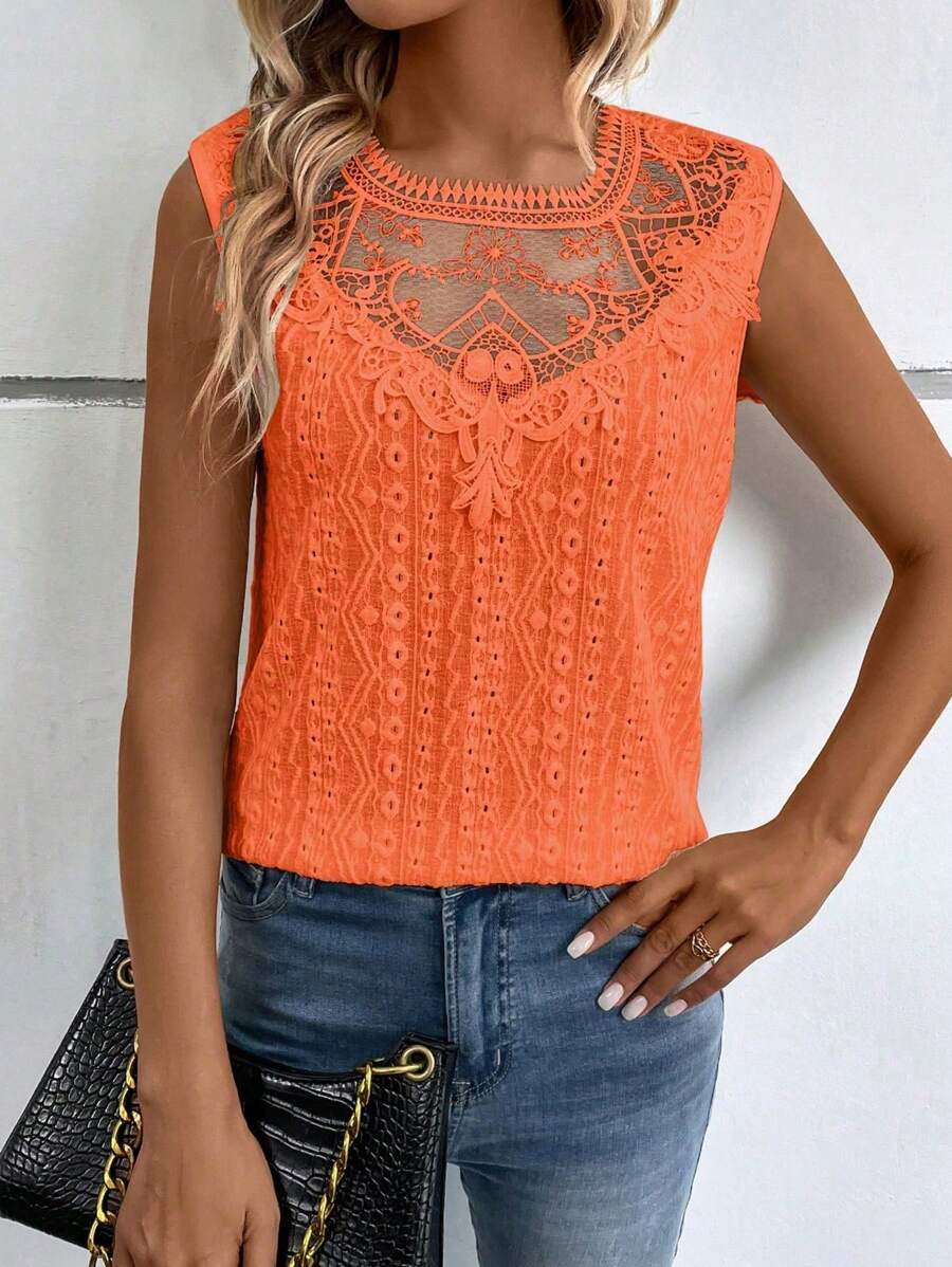 EMERY ROSE Women Embroidered Contrast Lace Round Neck Casual Tank Top - Orange - View 1