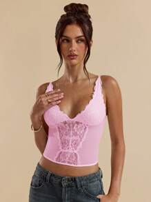 SHEIN BAE Áo corset ren gợi cảm màu đen thời trang đa năng cho nữ, áo ba lỗ gợi cảm, đa năng khi đi chơi, đêm hẹn hò, tiệc theo chủ đề và hòa nhạc, đêm giao thừa, tiệc giáng sinh cho nữ, áo xuyên thấu - Màu Hồng baby - Xem 6