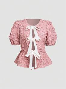 SHEIN Unity 女式春夏乡村度假风泡泡袖收腰纹理蝴蝶结衬衫 - 粉色 - 查看 1