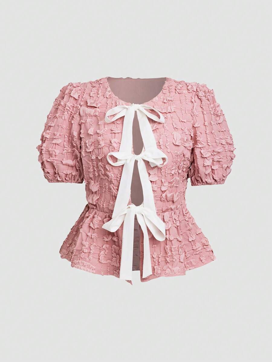 SHEIN Unity 女式春夏乡村度假风泡泡袖收腰纹理蝴蝶结衬衫 - 粉色 - 查看 1
