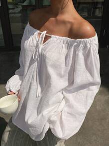 Livesso 女士宽松休闲沙滩度假风衬衫，夏季新款亚麻面料，秋季长袖露肩上衣 - 白色 - 查看 8