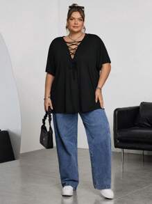 SHEIN CURVE+ Áo thun ren buộc dây phía trước gợi cảm, thích hợp cho mùa hè, trang phục mùa hè cho nữ, phong cách miền Tây cho nữ, phong cách Y2K, phong cách Rave. - màu đen - Xem 5