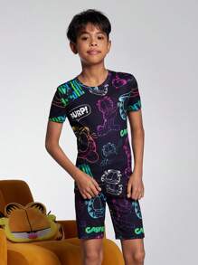 GARFIELD | SHEIN Tween Boy Cartoon Glow-In-The-Dark Full Print Cat Pattern Knit Crew Neck Top And Stretchy Shorts Pajama Set