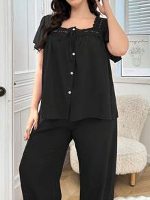 Conjunto de pijama de mujer talla grande con cuello cuadrado de encaje, manga de volantes y parches