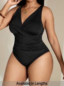 SHEIN PETITE CURVE Summer Beach Women Solid Color Simple Style Bodysuit - Black - View 1