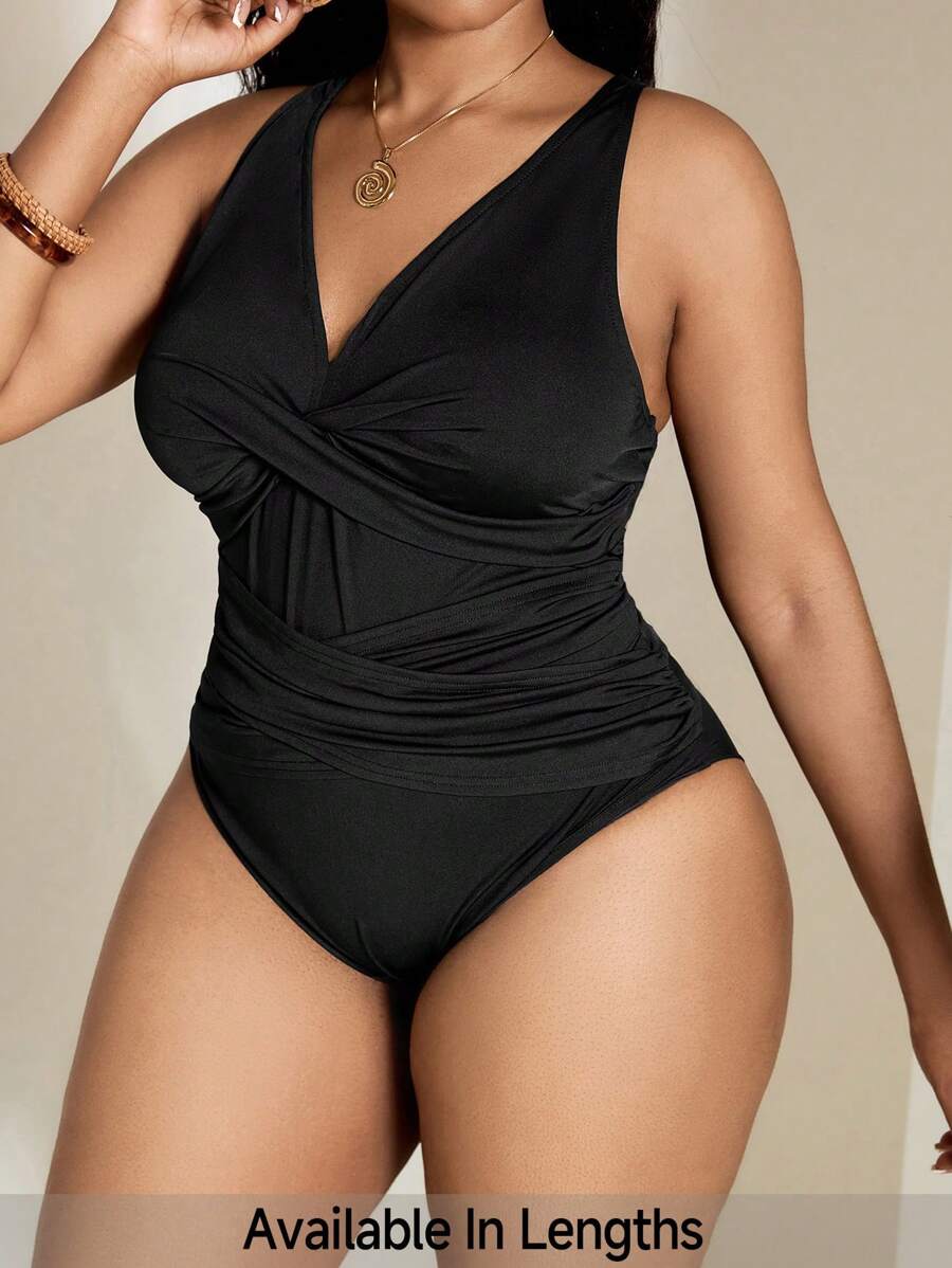 SHEIN PETITE CURVE Summer Beach Women Solid Color Simple Style Bodysuit - Black - View 1