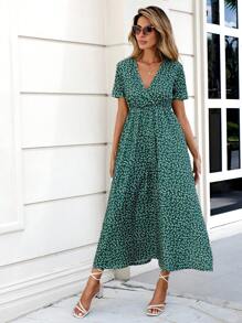 EURMUSE Ditsy Floral Print Split Thigh Dress - Green - View 5