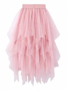 Asymmetrical Mesh A-Line Skirt, Versatile - Pink - View 2