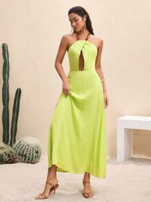 BY FELIZIA Green Linen Beads Halter Neck Cut Out Maxi Dress For Women Summer Dress Vacation Sundress - Green - View 7