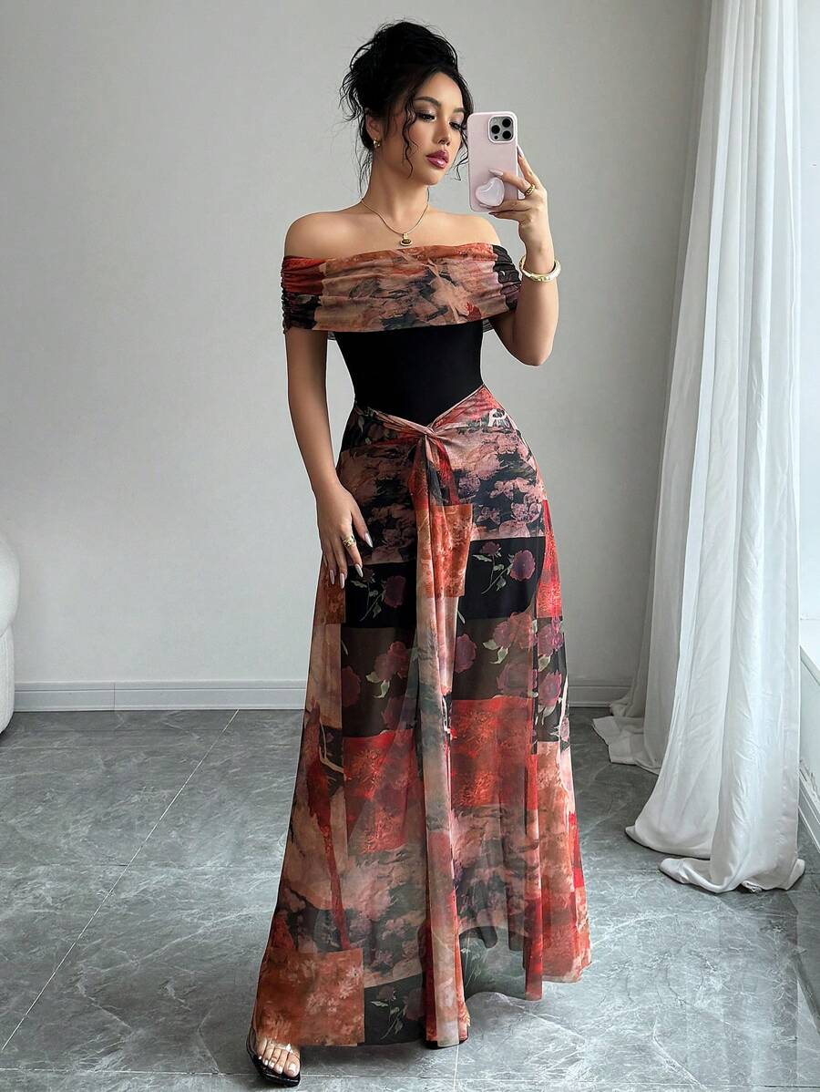 Rafferiza Đầm lưới hở vai in họa tiết cổ điển ôm sát thanh lịch dành cho nữ - Nhiều màu - Xem 1