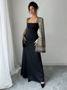 Chiquease Women Elegant Gold Foil Contrast Color A-Line Dress Fall Cloth For Women - Black - View 5