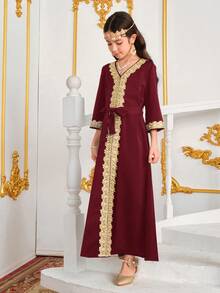 Tween Girl Middle Eastern Gold Thread Woven V-Neck 3/4 Sleeve Long Robe With Belt & Long Dress - Burgundy - View 3