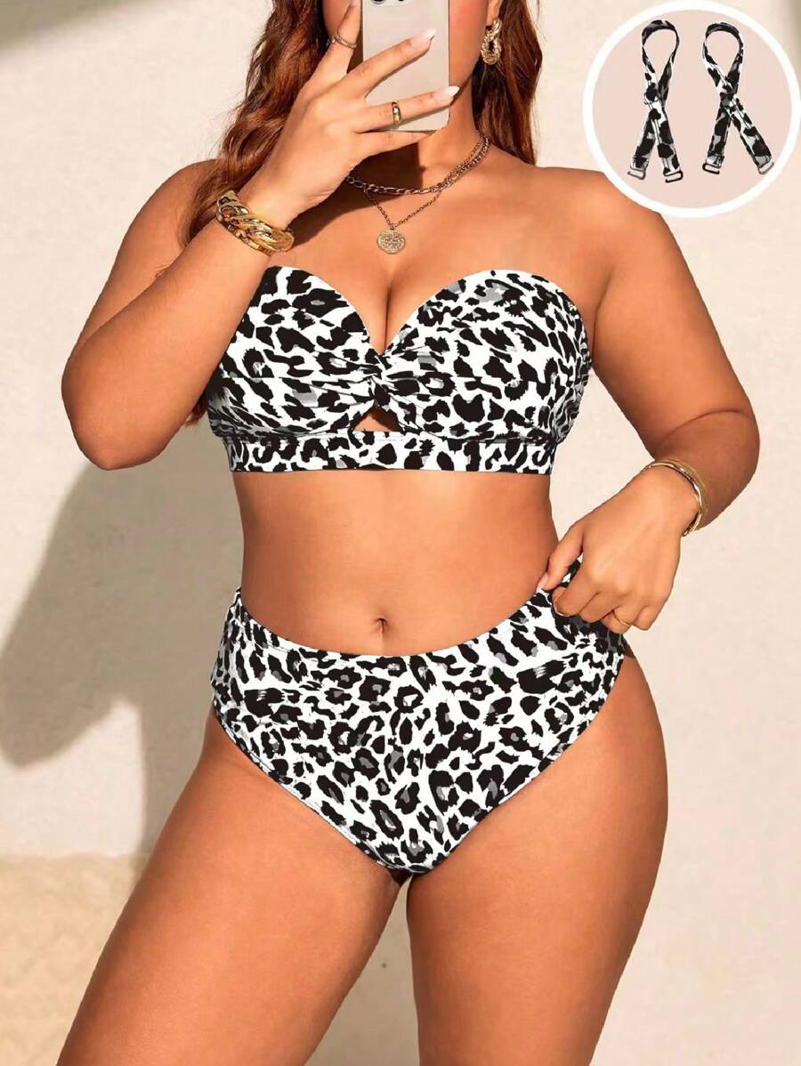 Slaydiva 2015 新款大码女式性感时尚豹纹开叉扭纹前抹胸高腰三角泳衣两件套，度假装 - 黑與白 - 查看 1